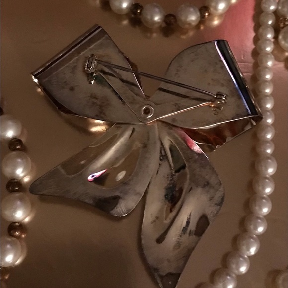 Vintage Silver Bow Gem Tie Brooch Pin - Picture 7 of 9